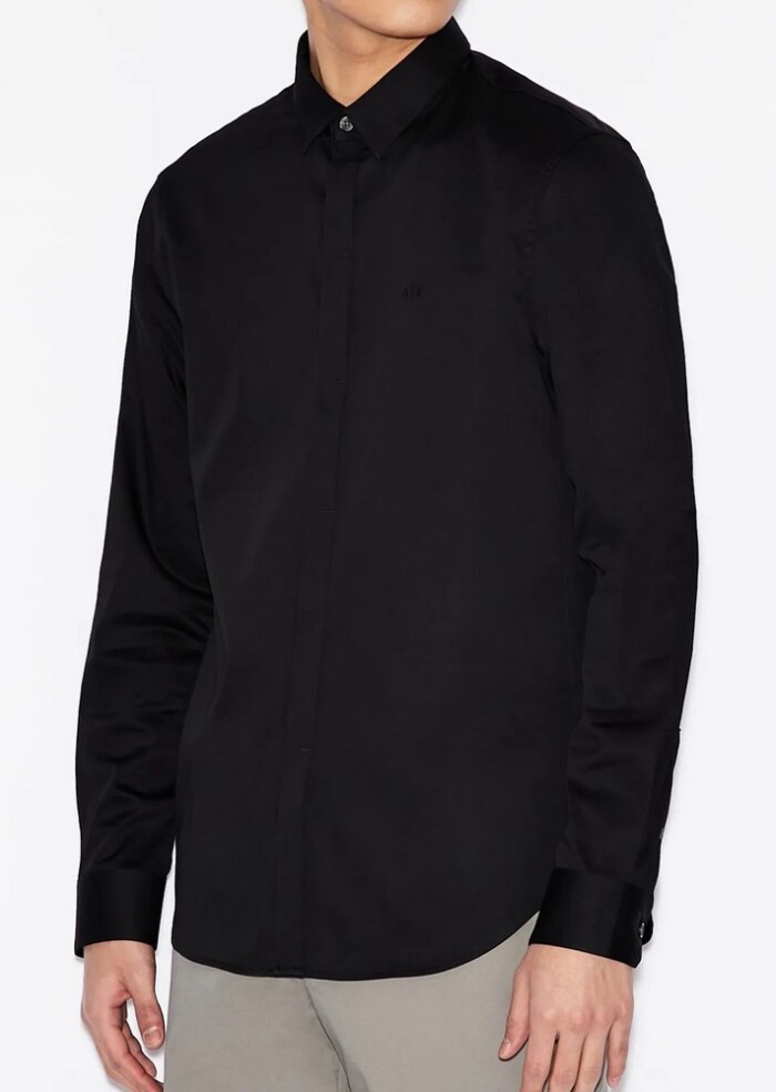 Camicia con Bottoni Coperti in Cotone Elasticizzato - ARMANI | Exchange - Uomo - Art. 8NZCBDZN10Z - Nero