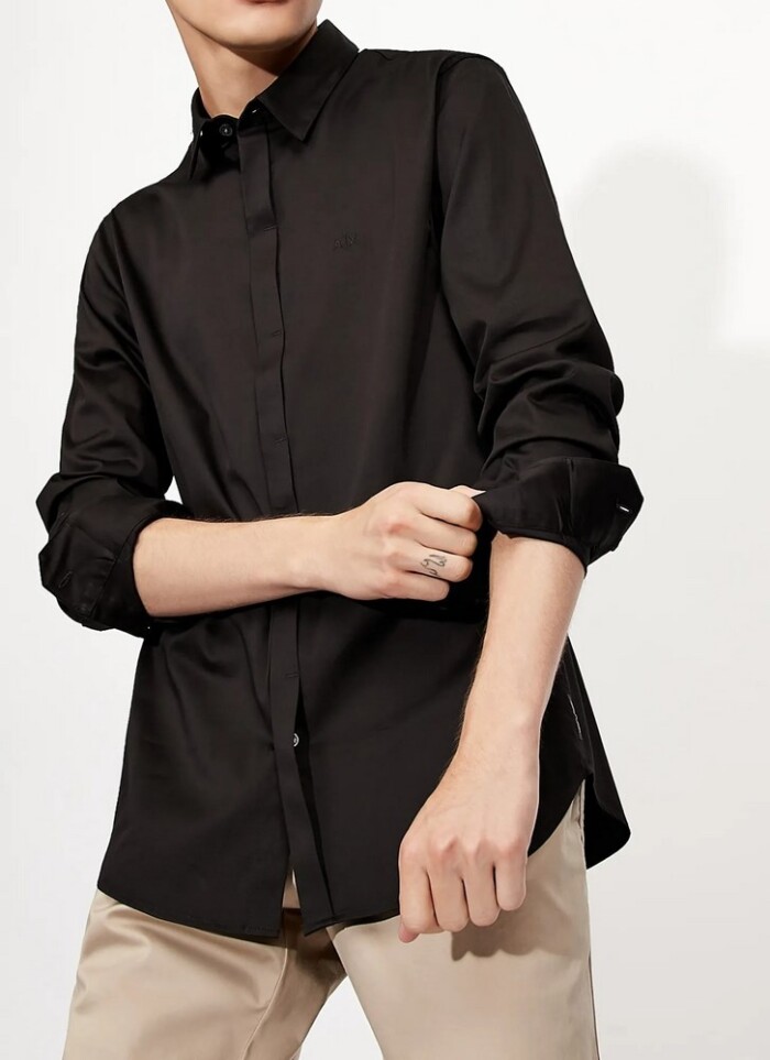 Camicia con Bottoni Coperti in Cotone Elasticizzato - ARMANI | Exchange - Uomo - Art. 8NZCBDZN10Z - Nero - immagine 4