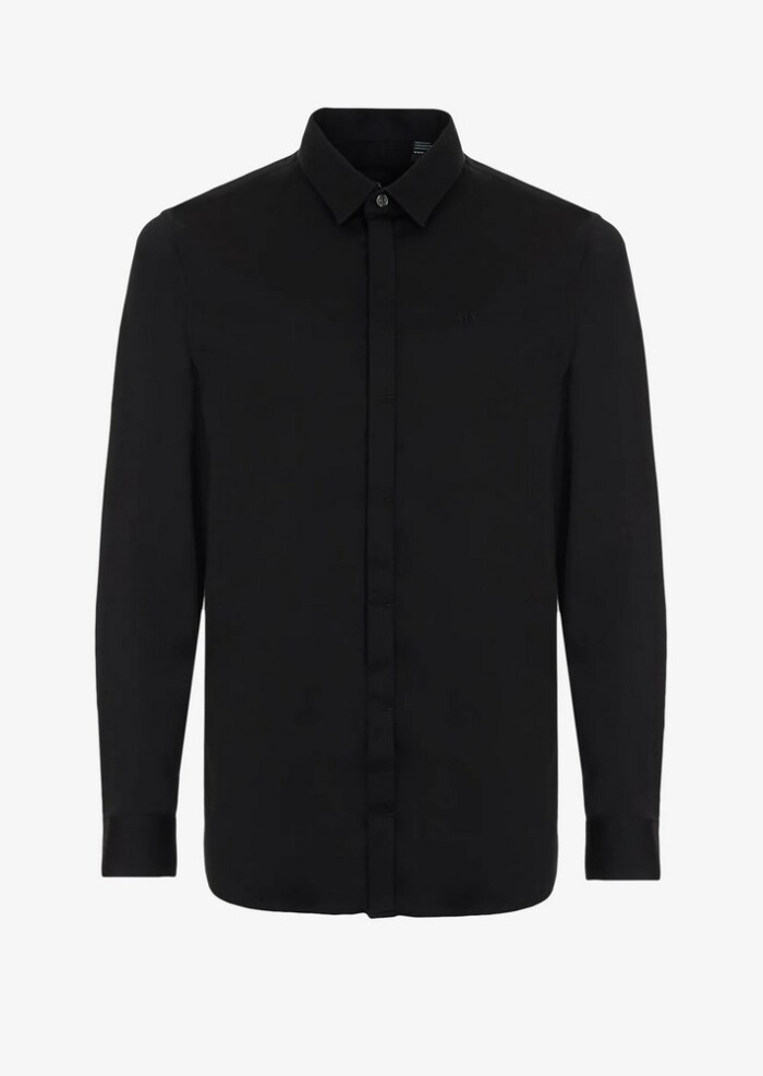 Camicia con Bottoni Coperti in Cotone Elasticizzato - ARMANI | Exchange - Uomo - Art. 8NZCBDZN10Z - Nero - immagine 6