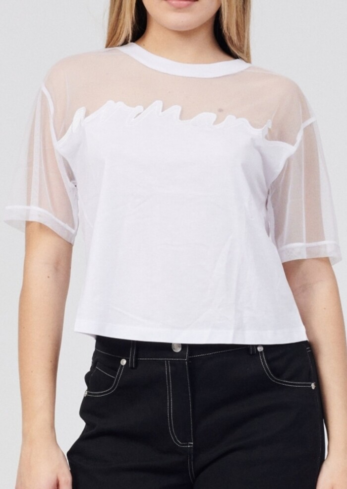 Blusa con Inserto in Tulle - ARMANI | EXCHANGE donna - Art. 3RYTBYYJG3Z - Bianco