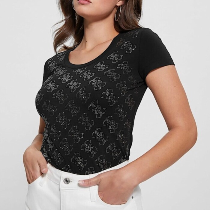 T-shirt Stretch Logo 4G con Strass - GUESS - W3BI53J1314 - Nero