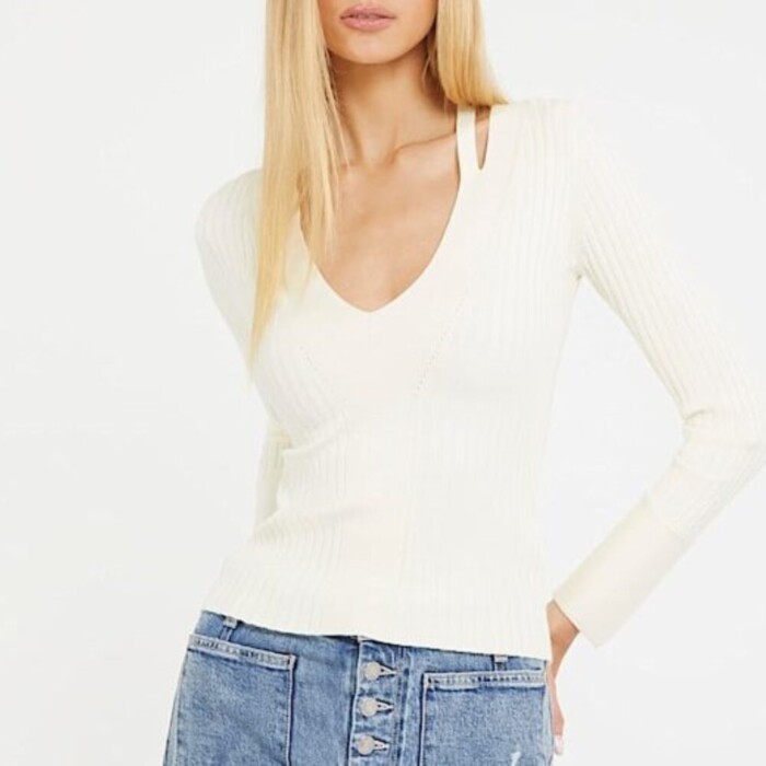 Maglia Scollo a V Misto Viscosa - GUESS - W3BR30Z2V42 - Panna
