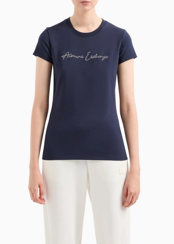 T-shirt Slim Fit con Logo Glitter - ARMANI | Exchange - Blu - immagine 4
