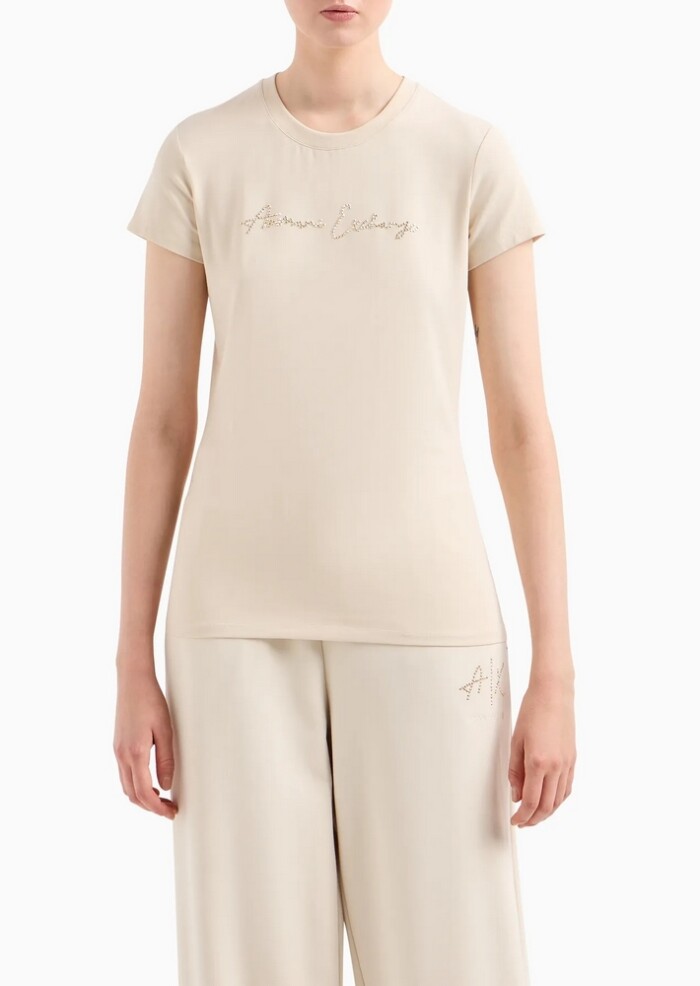 T-shirt Slim Fit con Logo Glitter - ARMANI | Exchange - Beige - immagine 5