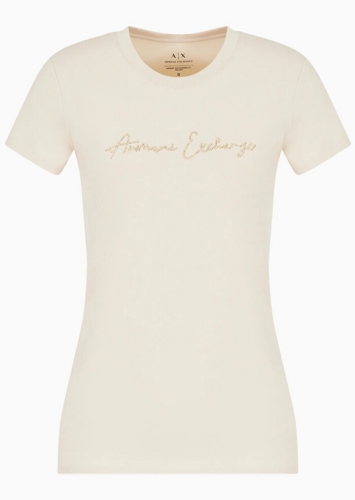 T-shirt Slim Fit con Logo Glitter - ARMANI | Exchange - Beige - immagine 6