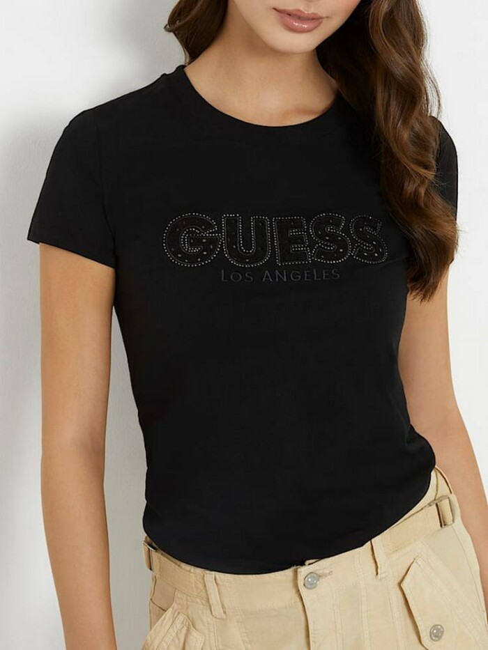 T-shirt con Logo in Pizzo Sangallo - GUESS - W4GI14J1314 - Nero