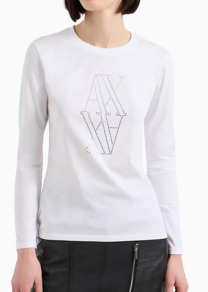 T-Shirt Manica Lunga Logo con Borchie Argento - ARMANI | Exchange - Donna - Art. 6DYT05YJDTZ11000 - Bianco