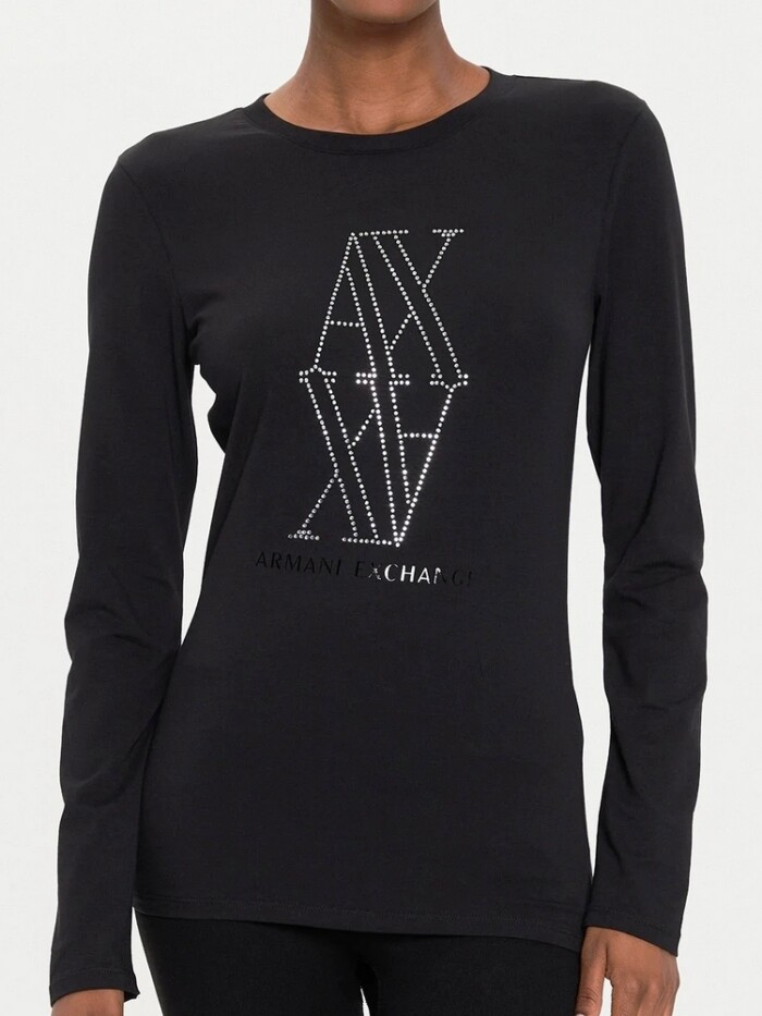 T-Shirt Manica Lunga Logo con Borchie Argento - ARMANI | Exchange - Donna - Art. 6DYT05YJDTZ11000 - Nero