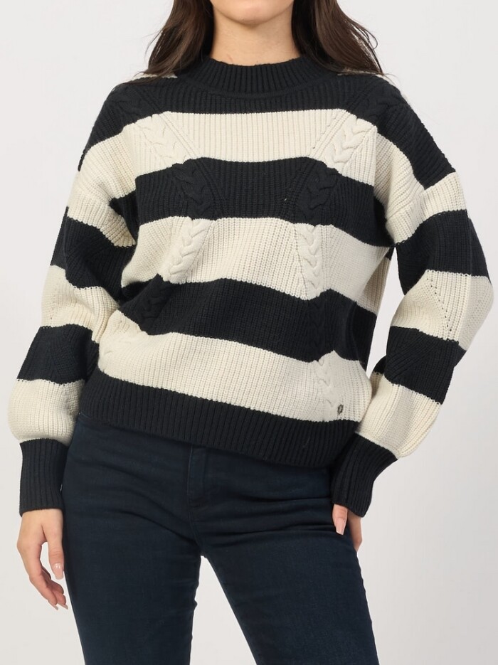 Maglione Girocollo a Righe - GUESS - W4BR41 Z3HW0 S00I - Bianco/Nero