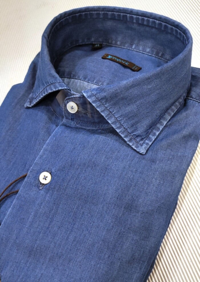Camicia Denim Slim Fit in Cotone Collo Italiano
