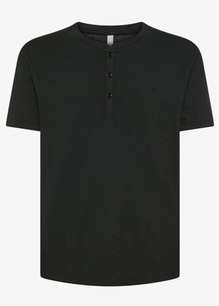T-Shirt Serafino Manica Corta in Cotone Fiammato - SUN68 - T35120 - Nero